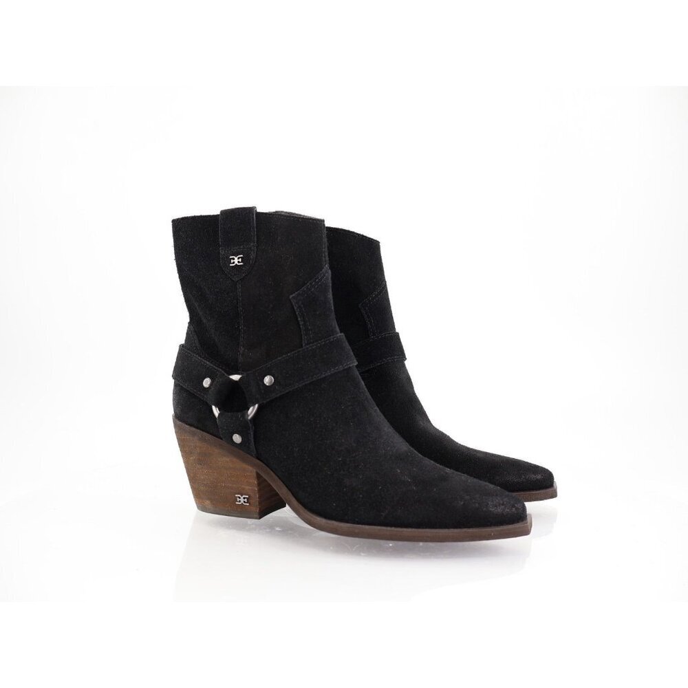 Sam Edelman Winston Black Suede Harness Boots Western Block Heel Ankle Size 6